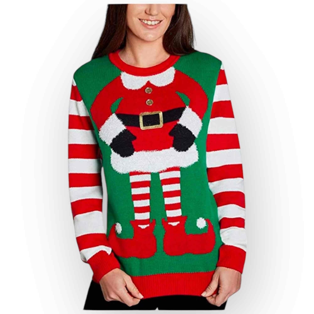 NWT Jolly to Be Women Green Elf Ugly Christmas Sweater Candy Cane Stripes Size M